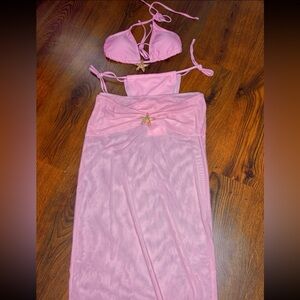 🎀 Pink & Gold Starfish Bikini Swimsuit & Matching Maxi Sheer Skirt Coverup Set 🎀